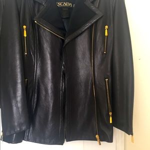 Escada Black Leather suit with gold tone Zippers